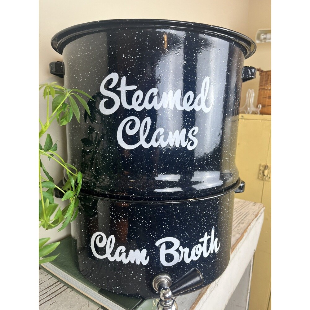 Vintage Speckled Enamelware Clam Lobster Steam Pot With Spigot & Lid